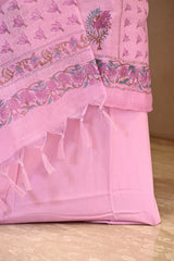 Pink Linen Three Piece Unstitched Suit Set with Floral Print and Cutdana Embellishment
