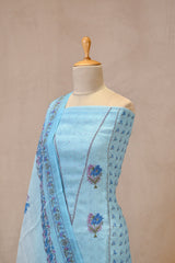 Blue Linen Three Piece Unstitched Suit Set with Floral Print and Cutdana Embellishment