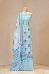 Blue Linen Three Piece Unstitched Suit Set with Floral Print and Cutdana Embellishment