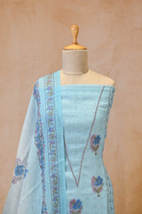 Blue Linen Three Piece Unstitched Suit Set with Floral Print and Cutdana Embellishment