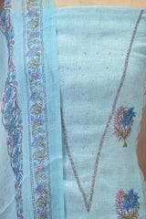 Blue Linen Three Piece Unstitched Suit Set with Floral Print and Cutdana Embellishment