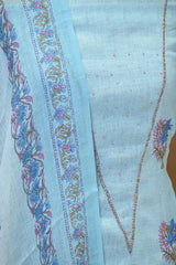 Blue Linen Three Piece Unstitched Suit Set with Floral Print and Cutdana Embellishment