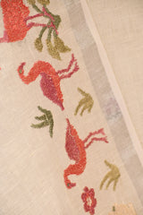 White Linen Three Piece Unstitched Suit Set with Floral Embroidery and Pakshi Motif