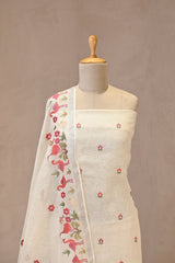 White Linen Three Piece Unstitched Suit Set with Floral Embroidery and Pakshi Motif