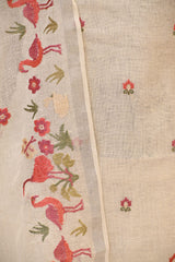 White Linen Three Piece Unstitched Suit Set with Floral Embroidery and Pakshi Motif