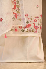 White Linen Three Piece Unstitched Suit Set with Floral Embroidery and Pakshi Motif