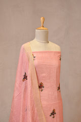 Peach Linen Three Piece Unstitched Suit Set with French Knot & Sequence Embroidery