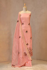 Peach Linen Three Piece Unstitched Suit Set with French Knot & Sequence Embroidery