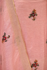 Peach Linen Three Piece Unstitched Suit Set with French Knot & Sequence Embroidery