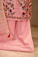 Peach Linen Three Piece Unstitched Suit Set with French Knot & Sequence Embroidery