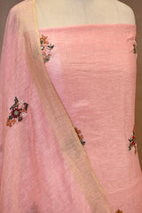 Peach Linen Three Piece Unstitched Suit Set with French Knot & Sequence Embroidery