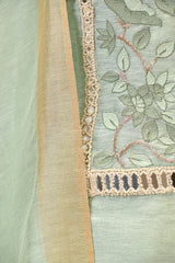Sage Green Linen Unstitched Suit Set with Applique Work and Zardozi Embroidery