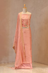 Peach Linen Unstitched Suit Set with Applique Work and Zardozi Embroidery