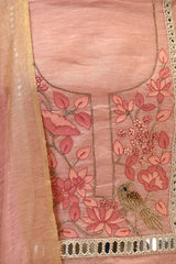Peach Linen Unstitched Suit Set with Applique Work and Zardozi Embroidery