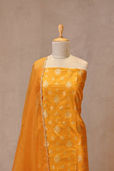 Yellow Pure Raw Silk Three Piece Unstitched Suit Set with Watergold Zari Woven Floral Buta and Embellished Organza Dupatta