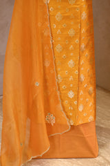 Yellow Pure Raw Silk Three Piece Unstitched Suit Set with Watergold Zari Woven Floral Buta and Embellished Organza Dupatta