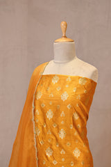 Yellow Pure Raw Silk Three Piece Unstitched Suit Set with Watergold Zari Woven Floral Buta and Embellished Organza Dupatta