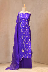 Purple Pure Raw Silk Unstitched Suit Set With Organza Dupatta