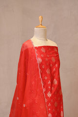 Red Raw Silk Three Piece Unstitched Suit Set with Watergold Zari Woven Buta