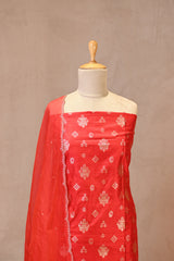 Red Raw Silk Three Piece Unstitched Suit Set with Watergold Zari Woven Buta