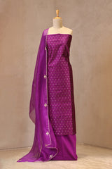 Magenta Raw Silk Three Piece Unstitched Suit Set with Zari Woven Floral Buti