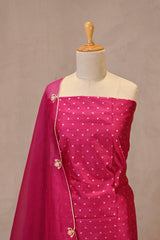 Hot Pink Raw Silk Three Piece Unstitched Suit Set with Zari Woven Floral Buti