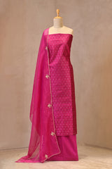 Hot Pink Raw Silk Three Piece Unstitched Suit Set with Zari Woven Floral Buti