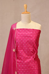 Hot Pink Raw Silk Three Piece Unstitched Suit Set with Zari Woven Floral Buti