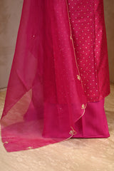 Hot Pink Raw Silk Three Piece Unstitched Suit Set with Zari Woven Floral Buti
