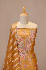 Mustard Yellow Tissue Silk Unstitched Suit Set with Floral Print