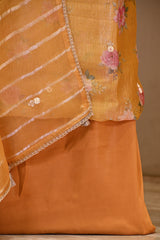 Mustard Yellow Tissue Silk Unstitched Suit Set with Floral Print