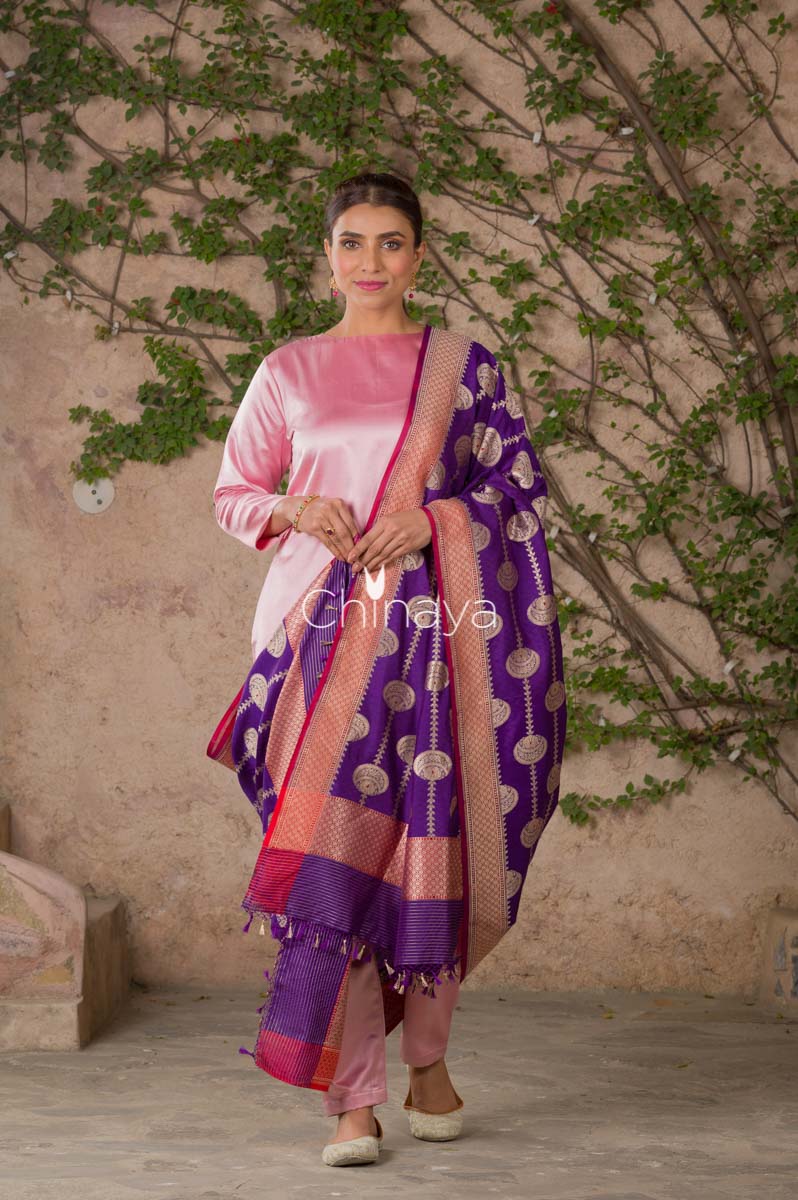 Violet Handwoven Banarasi Katan Silk Dupatta