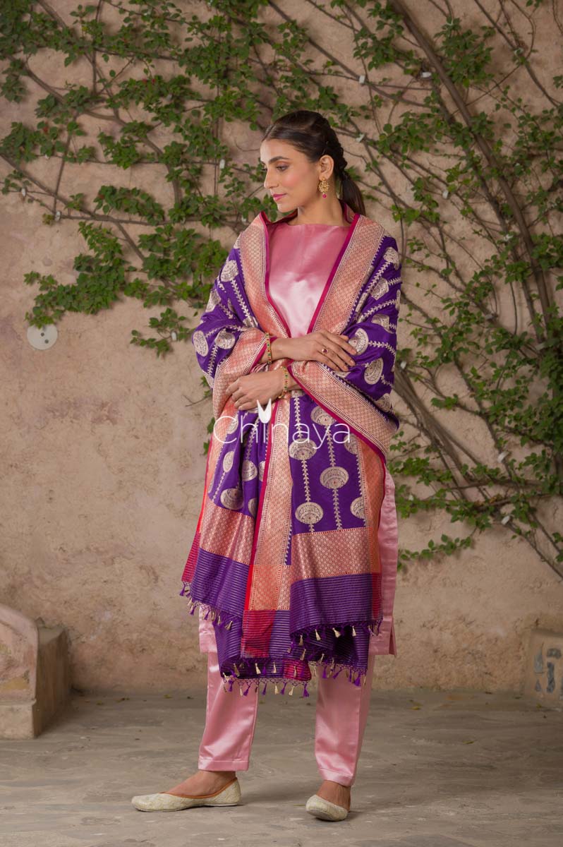 Violet Handwoven Banarasi Katan Silk Dupatta - Chinaya Banaras