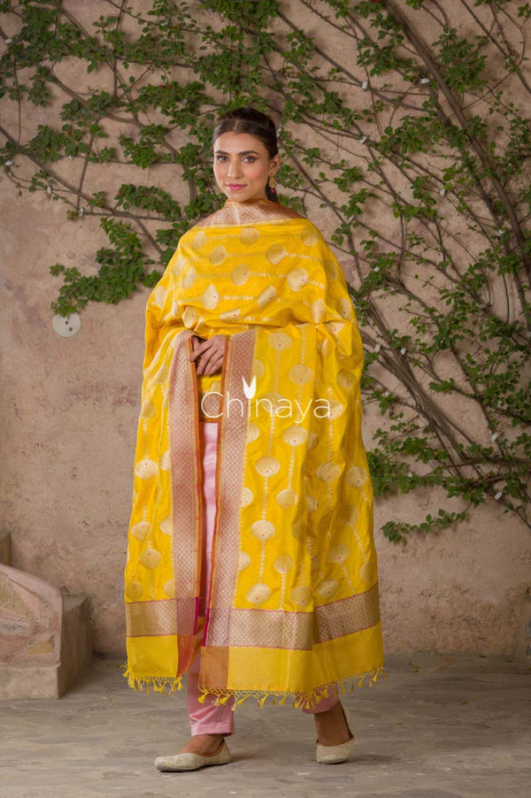 Deep Yellow Handwoven Banarasi Katan Silk Dupatta At Chinaya Banaras