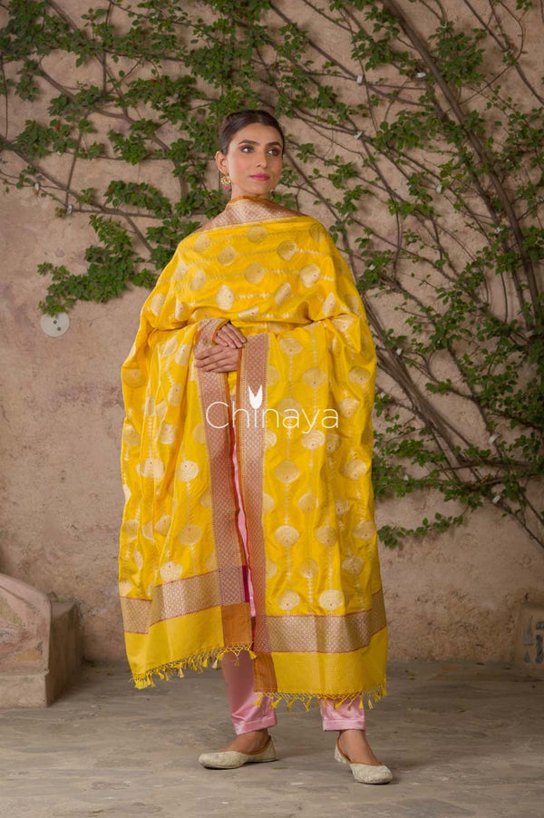 Deep Yellow Handwoven Banarasi Katan Silk Dupatta - Chinaya Banaras