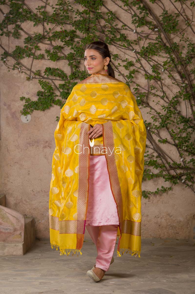 Deep Yellow Handwoven Banarasi Katan Silk Dupatta