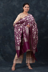 Purple Wine Handwoven Jaal Banarasi Silk Dupatta - Chinaya Banaras