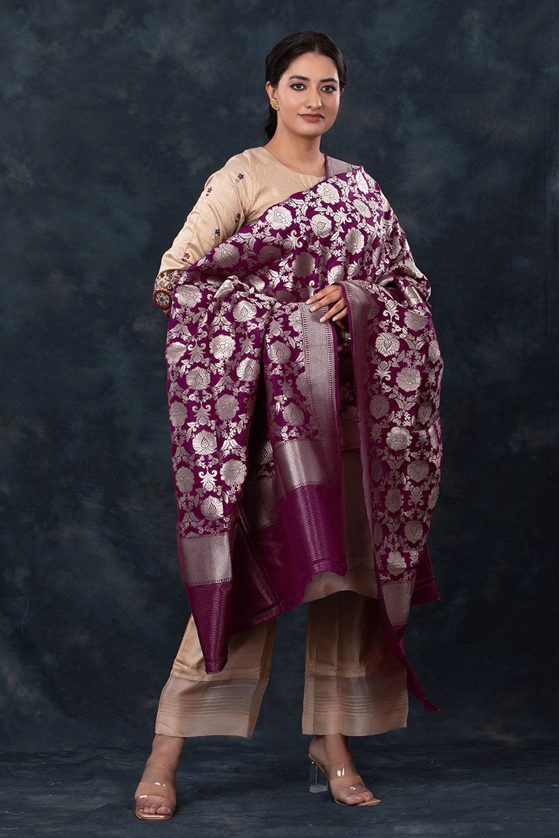 Purple Wine Handwoven Jaal Banarasi Silk Dupatta