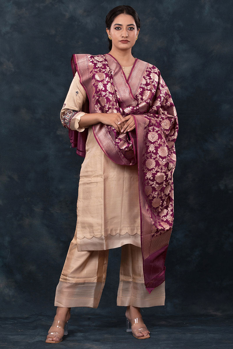 Purple Wine Handwoven Jaal Banarasi Silk Dupatta