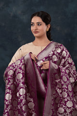 Purple Wine Handwoven Jaal Banarasi Silk Dupatta