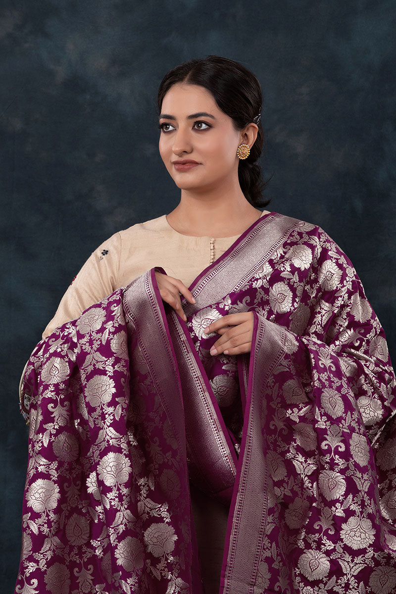 Purple Wine Handwoven Jaal Banarasi Silk Dupatta - Chinaya Banaras