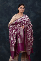 Purple Wine Handwoven Jaal Banarasi Silk Dupatta - Chinaya Banaras