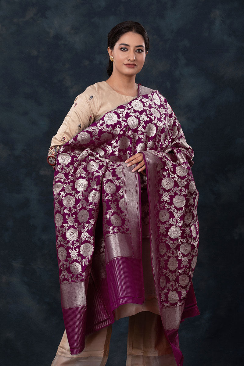 Purple Wine Handwoven Jaal Banarasi Silk Dupatta