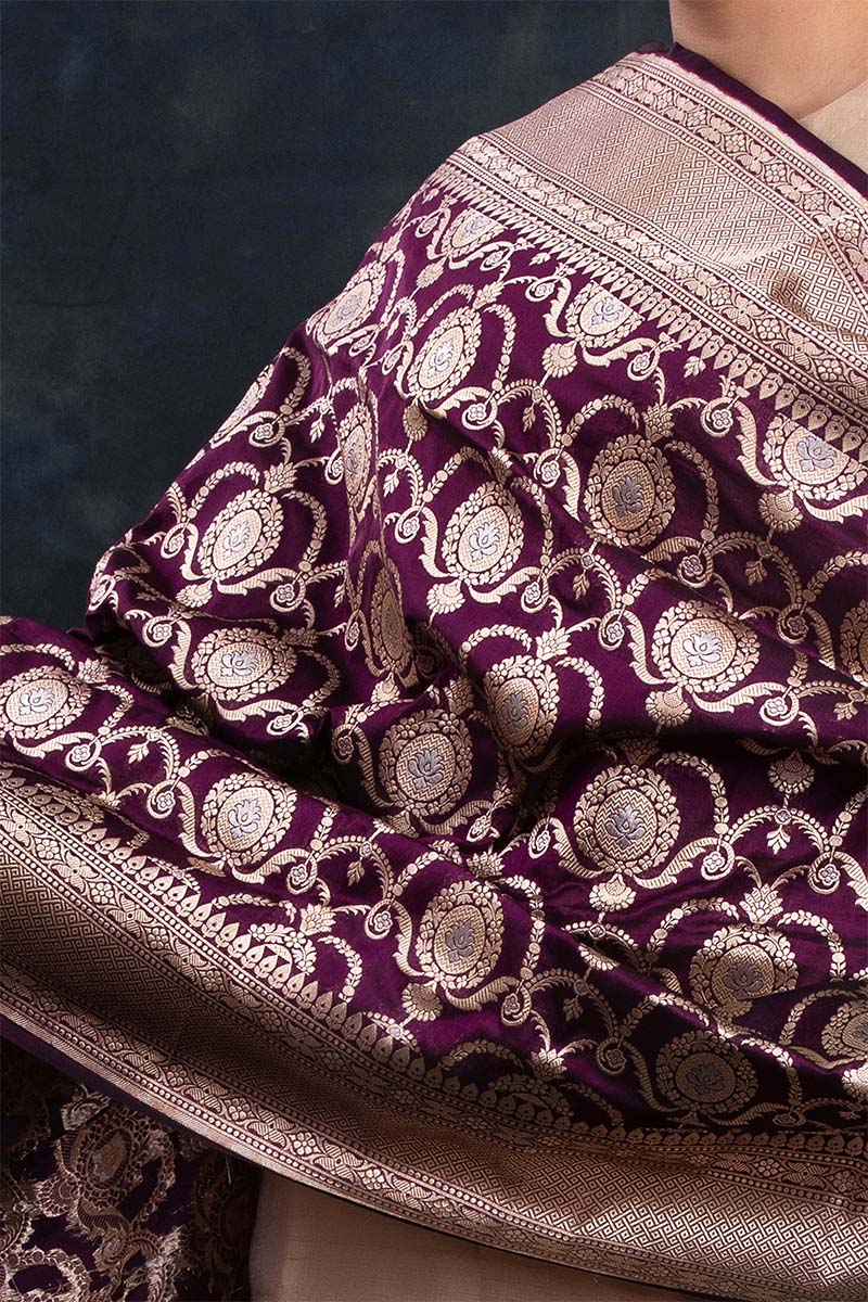 Hickory Purple Handwoven Banarasi Silk Dupatta - Chinaya Banaras