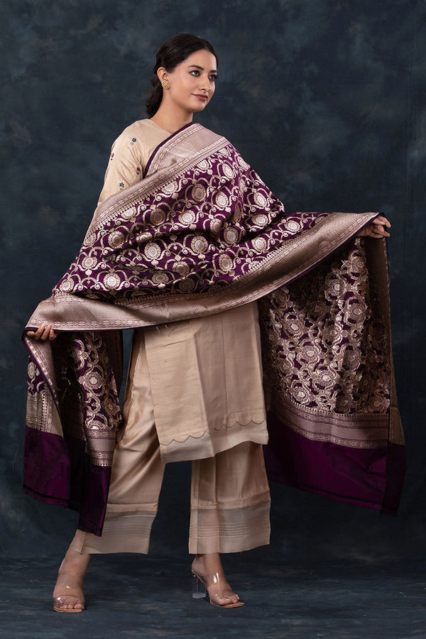 Purple Handwoven Banarasi Silk Dupatta At Chinaya Banaras
