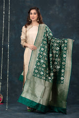 Bottle Green Handwoven Banarasi Katan Silk Dupatta - Chinaya Banaras