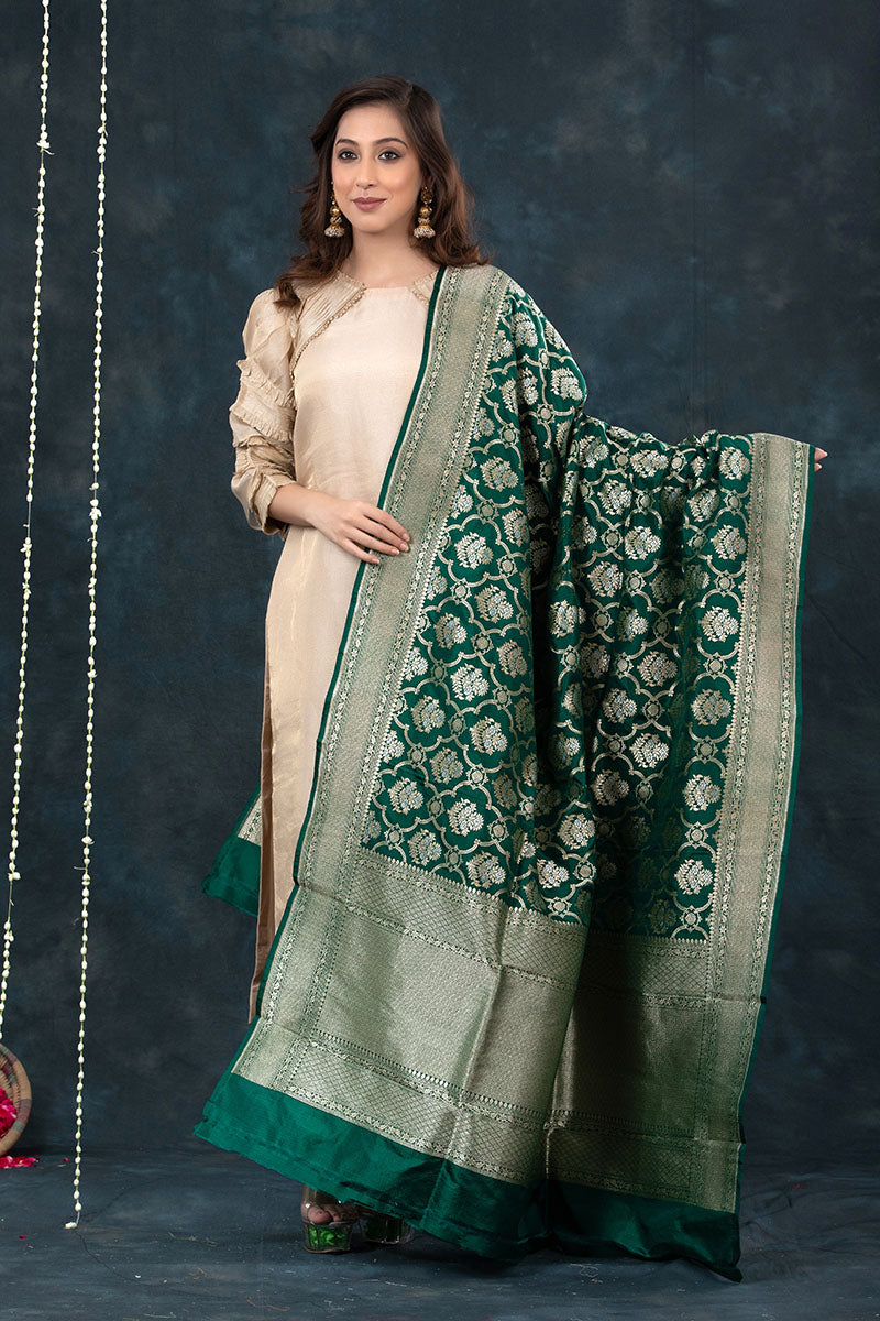 Bottle Green Handwoven Banarasi Katan Silk Dupatta