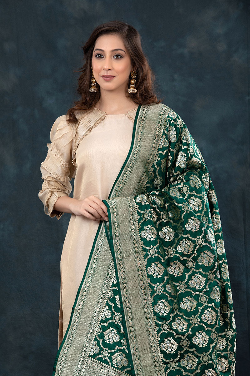 Bottle Green Handwoven Banarasi Katan Silk Dupatta