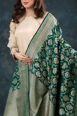 Bottle Green Handwoven Banarasi Katan Silk Dupatta - Chinaya Banaras