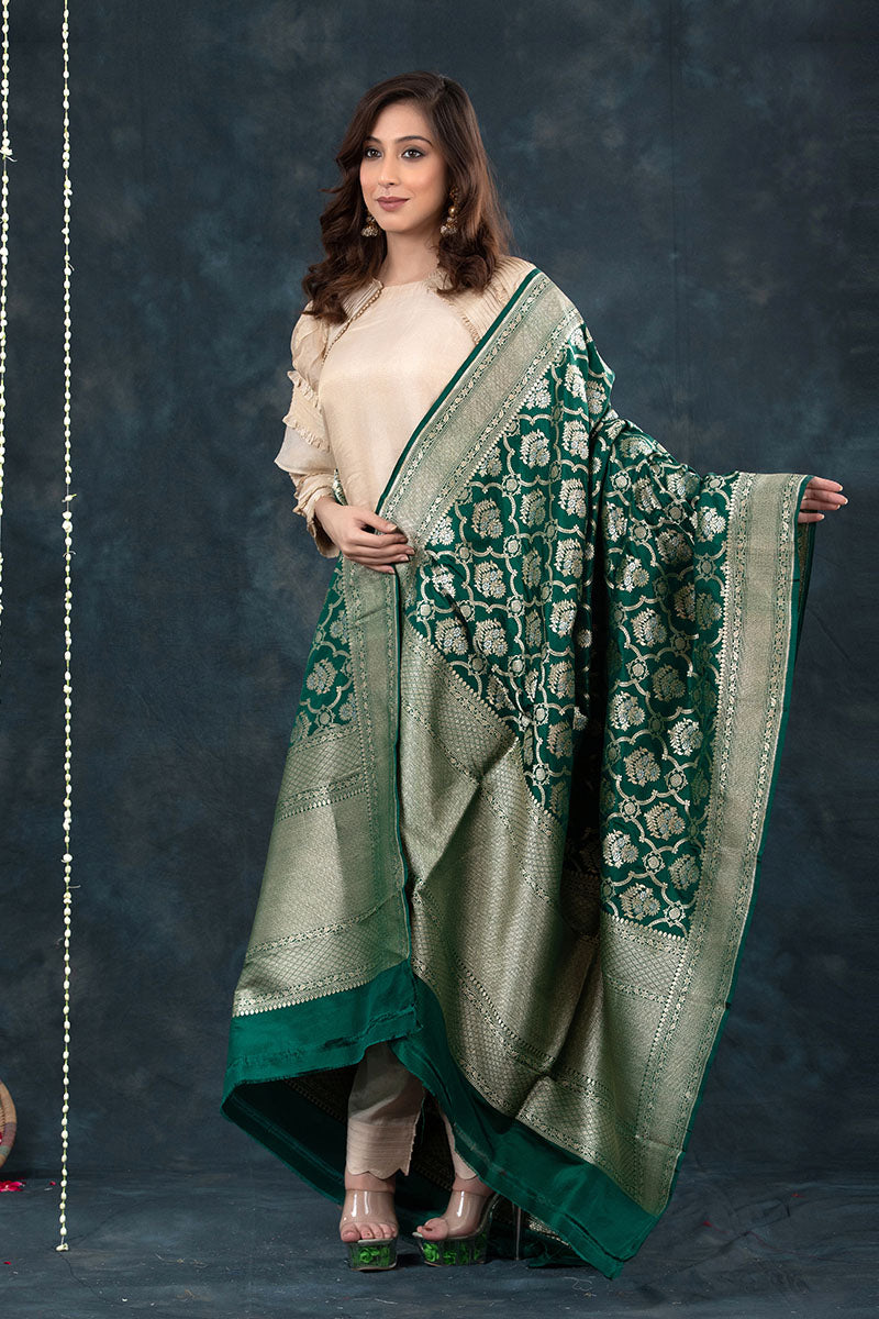 Bottle Green Handwoven Banarasi Katan Silk Dupatta - Chinaya Banaras